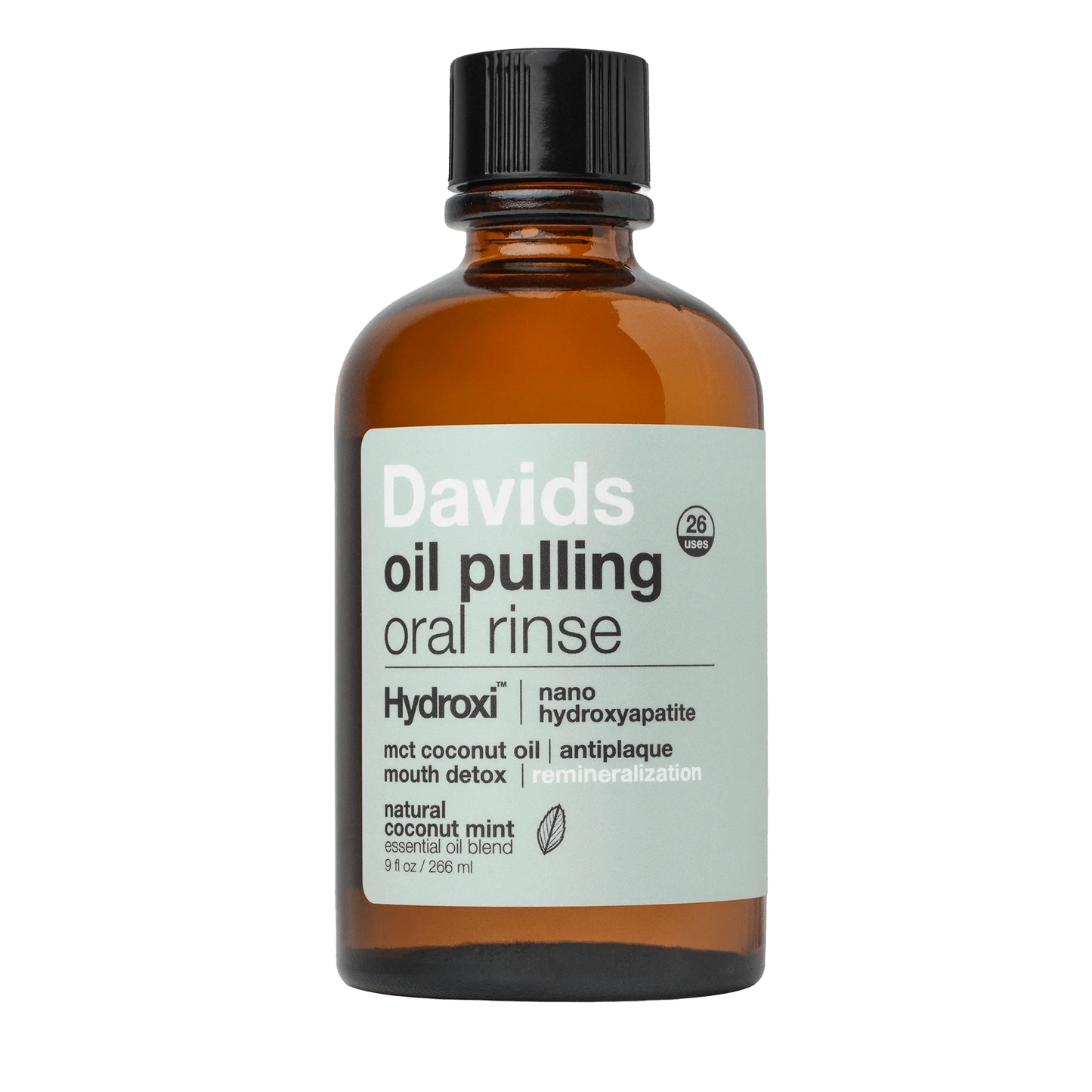 Davids Hydroxi™ burnos skalavimo skystis aliejaus pagrindu su nano hidroksiapatitu, be fono.