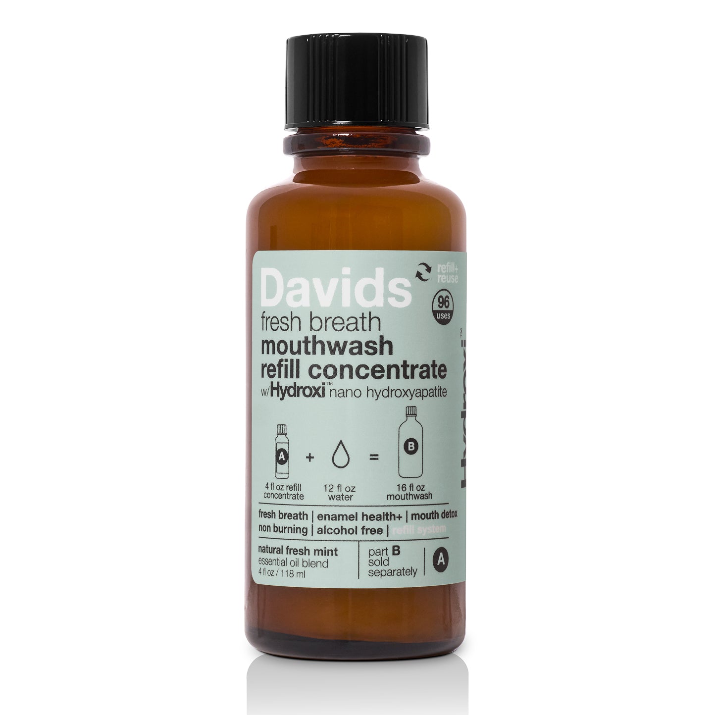 Davids Hydroxi™ burnos skalavimo skysčio koncentratas (papildymas) / mėtų skonio, buteliukas baltame fone.