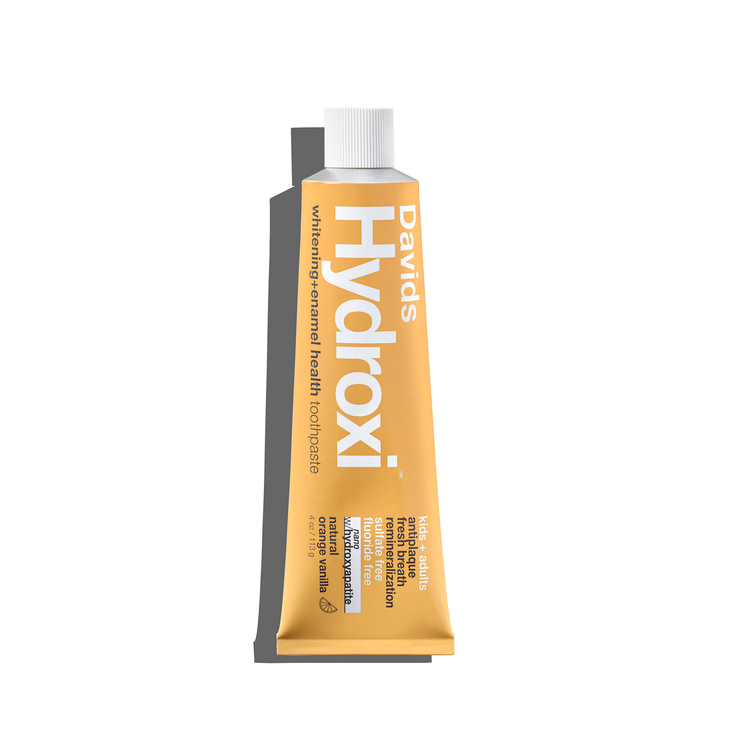 Davids Hydroxi™ balinamoji ir dantų emalį stiprinanti dantų pasta su nano hidroksiapatitu / apelsinų ir vanilės skonio, be pakuotės baltame fone.