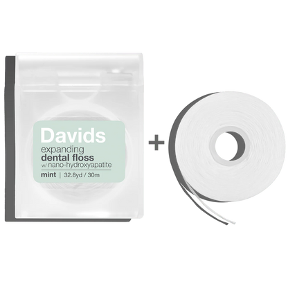 Davids besiplečiančio dantų siūlo rinkinys su daugkartiniu dozatoriumi ir papildymu, be pakuotės.