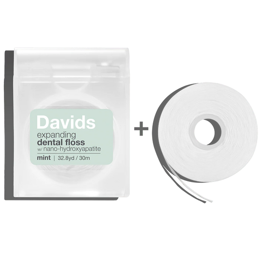 Davids besiplečiančio dantų siūlo rinkinys su daugkartiniu dozatoriumi ir papildymu, be pakuotės.
