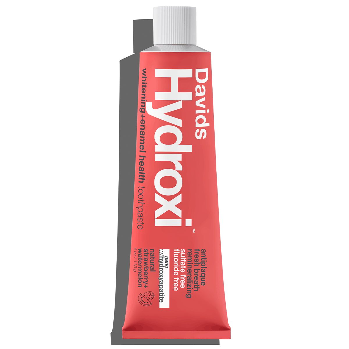 Davids Hydroxi™ balinamoji ir dantų emalį stiprinanti dantų pasta su nano hidroksiapatitu / braškių ir arbūzų skonio, baltame fone be pakuotės.