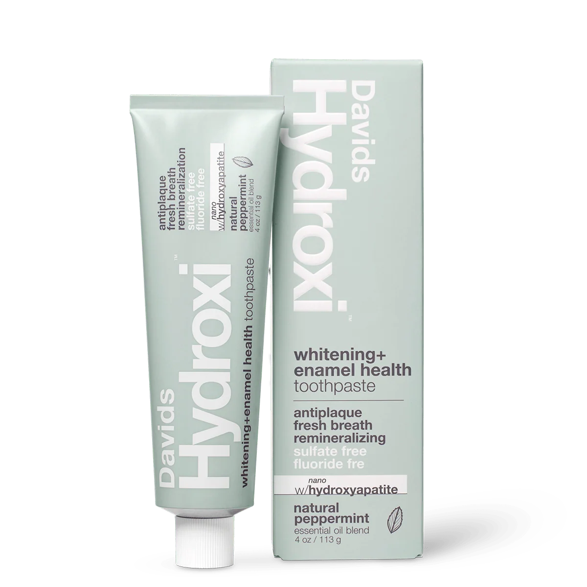 Davids Hydroxi™ balinamoji dantų pasta su nano hidroksiapatitu, pipirmėtės skonio, su pakuote.